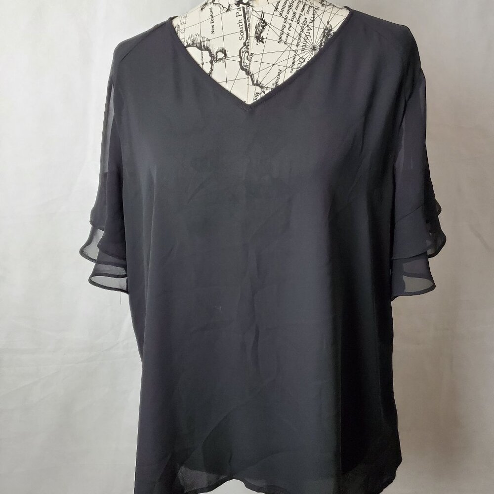 Worthington Sheer Ruffled Sleeve Black Top - XL